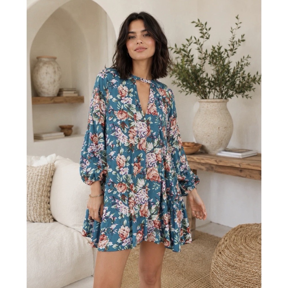 Umgee Boho Floral Peasant Tunic Shift Mini Dress Teal Blue Keyhole Size Large L